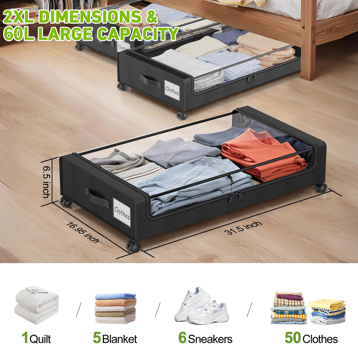 Beborxue under-bed storage window and zipper protect contents while still visible.