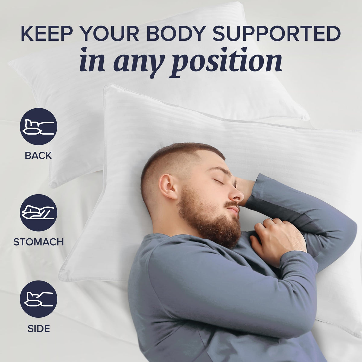 Beckham Hotel Collection pillow arranged on bed to show versatility for sleepers.