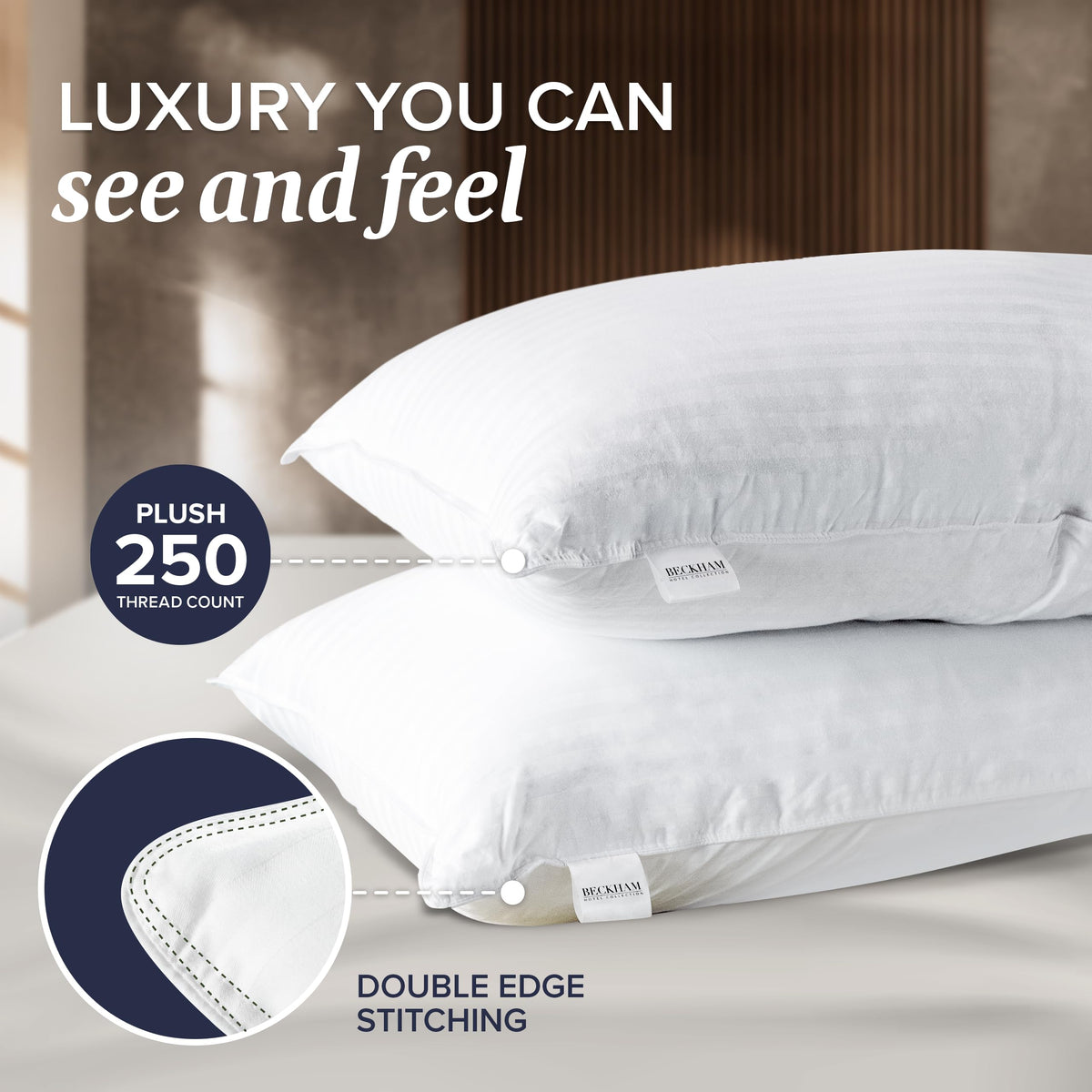 Beckham Hotel Collection pillow machine-washable care shot for easy cleaning.