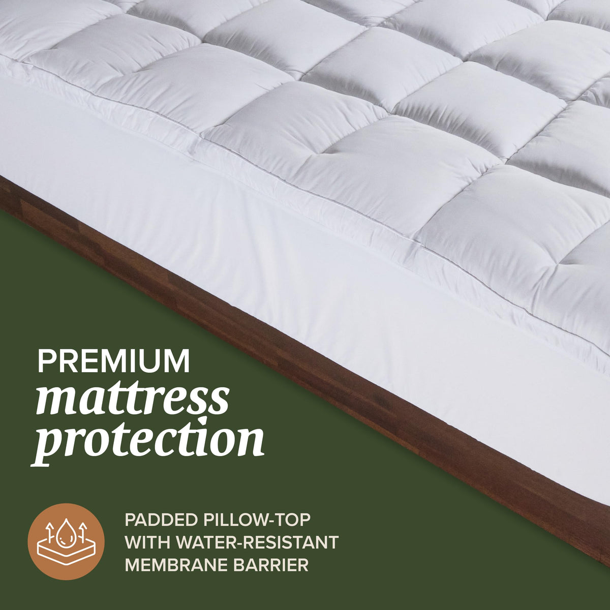 Beckham Hotel Collection queen mattress pad on bed with fitted skirt side view for secure surface.