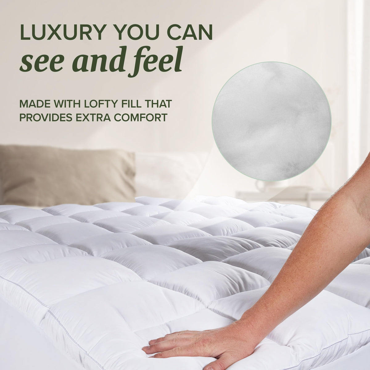 Beckham Hotel Collection queen mattress pad highlighting padding thickness for cushioned support.