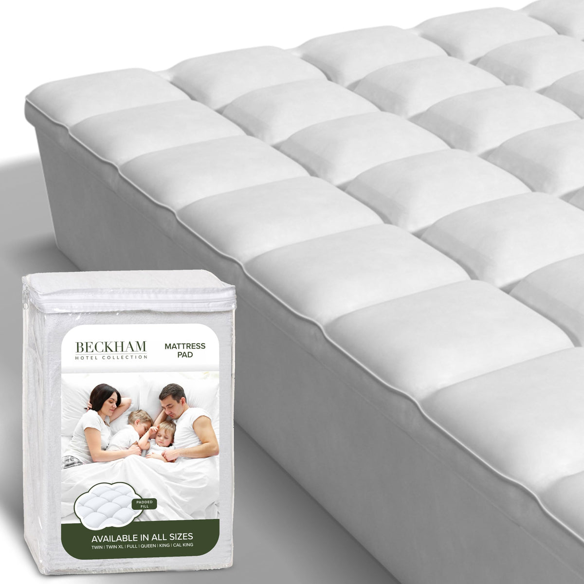Beckham Hotel Collection queen mattress pad: quilted top close-up with extra padding for plush comfort.