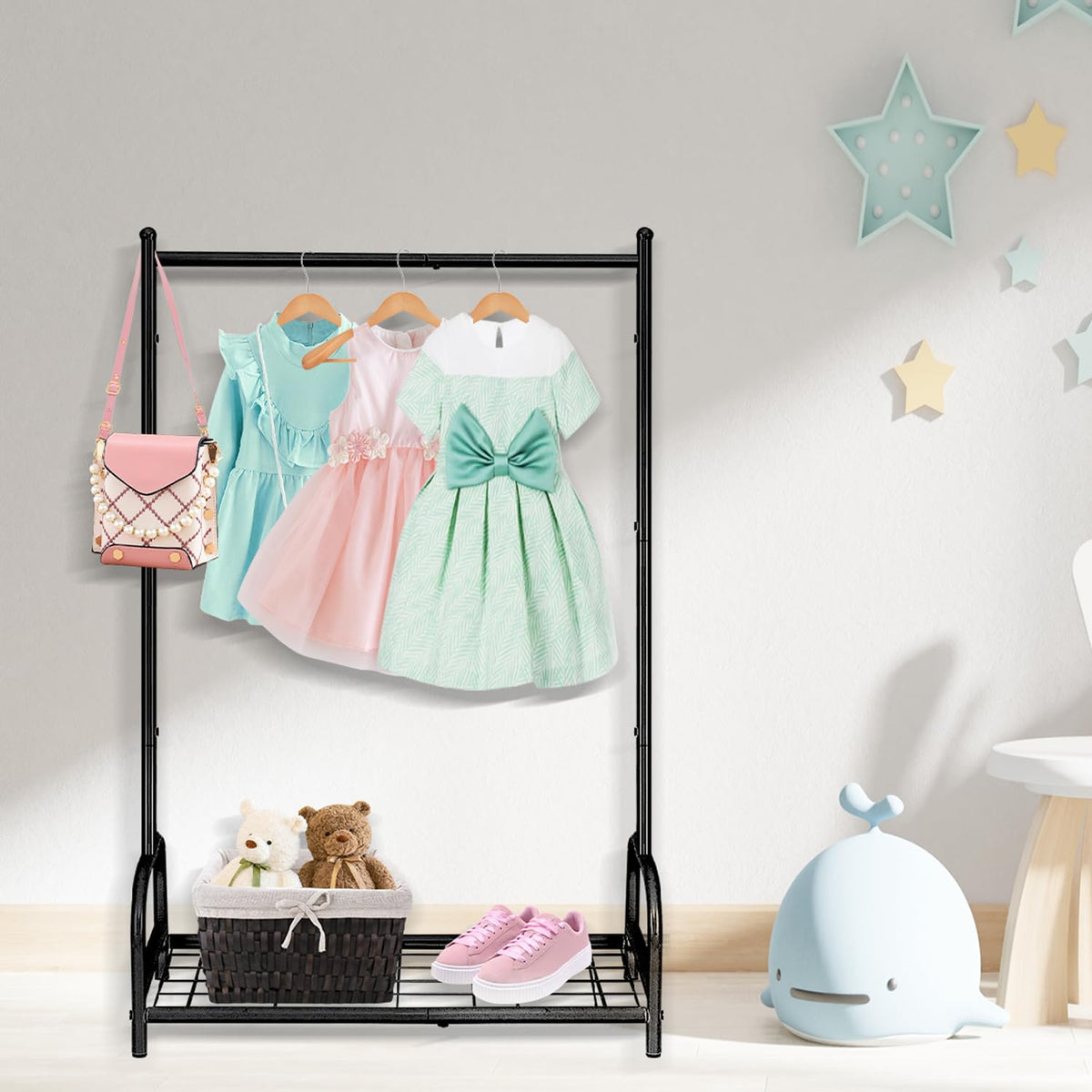 Becomrock Dress-Up Rack in black finish enhances modern playrooms