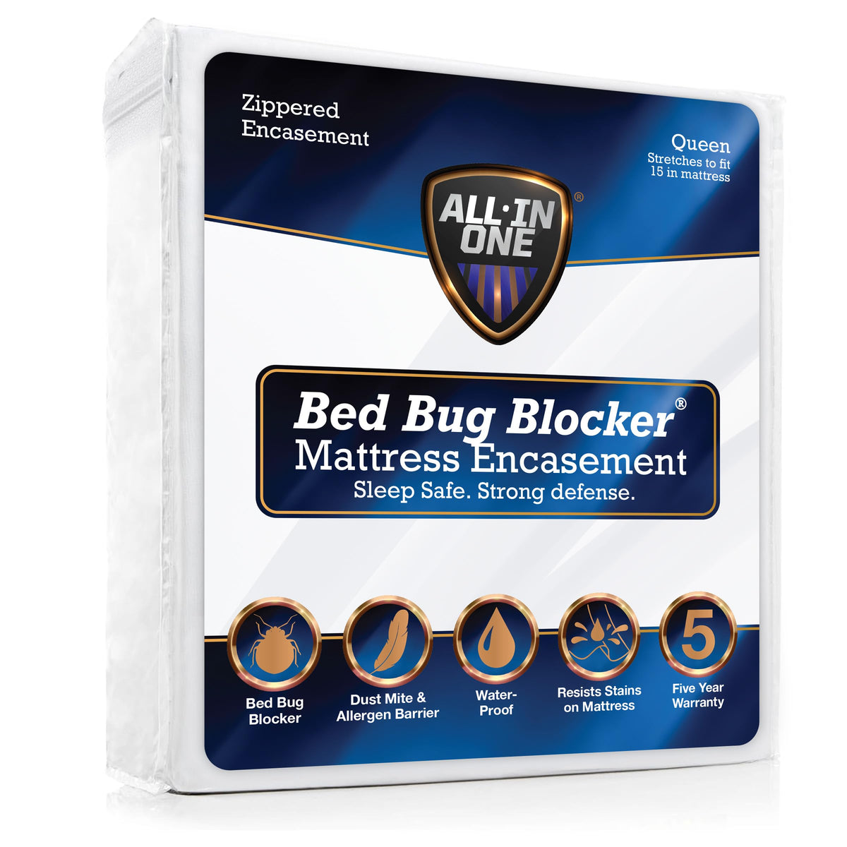 Bed Bug Blocker all-in-one mattress protector on a queen bed with white fabric
