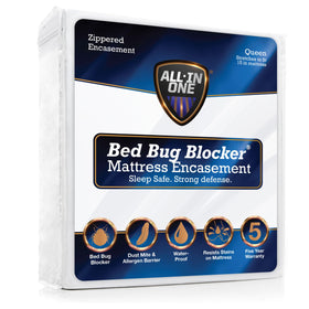 Bed Bug Blocker all-in-one mattress protector on a queen bed with white fabric