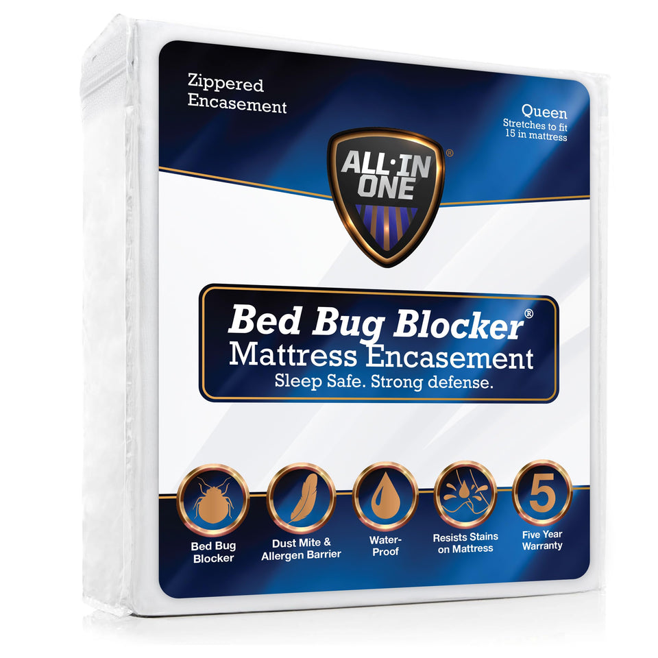Bed Bug Blocker all-in-one mattress protector on a queen bed with white fabric