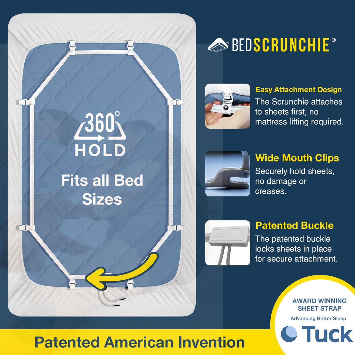 BED SCRUNCHIE durable plastic clip and parachute cord provide long-lasting hold.