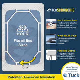 BED SCRUNCHIE durable plastic clip and parachute cord provide long-lasting hold.