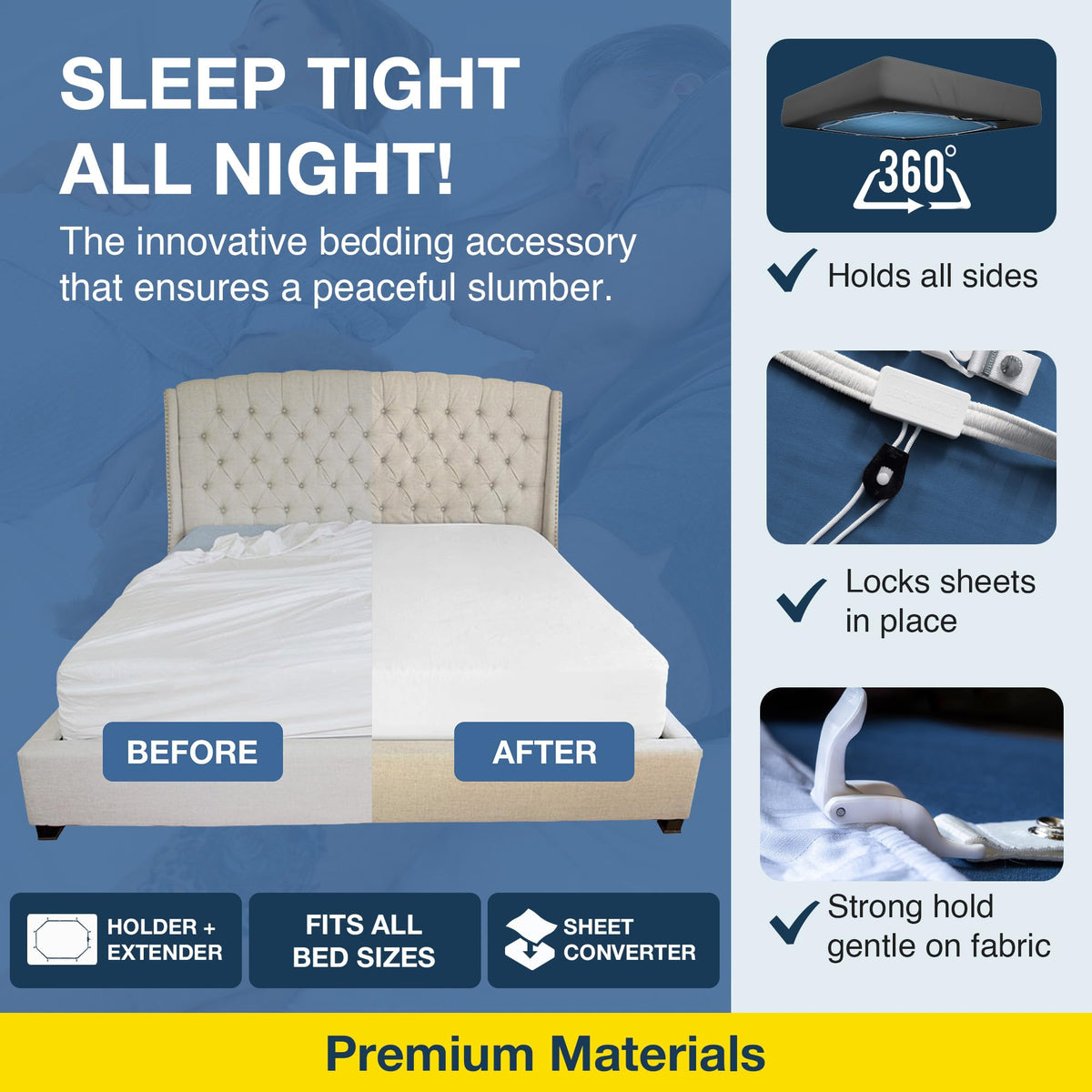 BED SCRUNCHIE universal-fit design adapts to home, hospital, and RV beds.