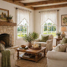 Beda Home light-filtering rustic swag topper adds airy bedroom ambiance.