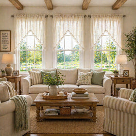 Beda Home linen texture window topper delivers soft privacy for baths and small rooms.