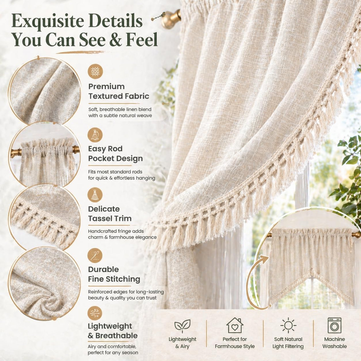 Beda Home rod-pocket swag panel offers easy installation and neat drape in living room.