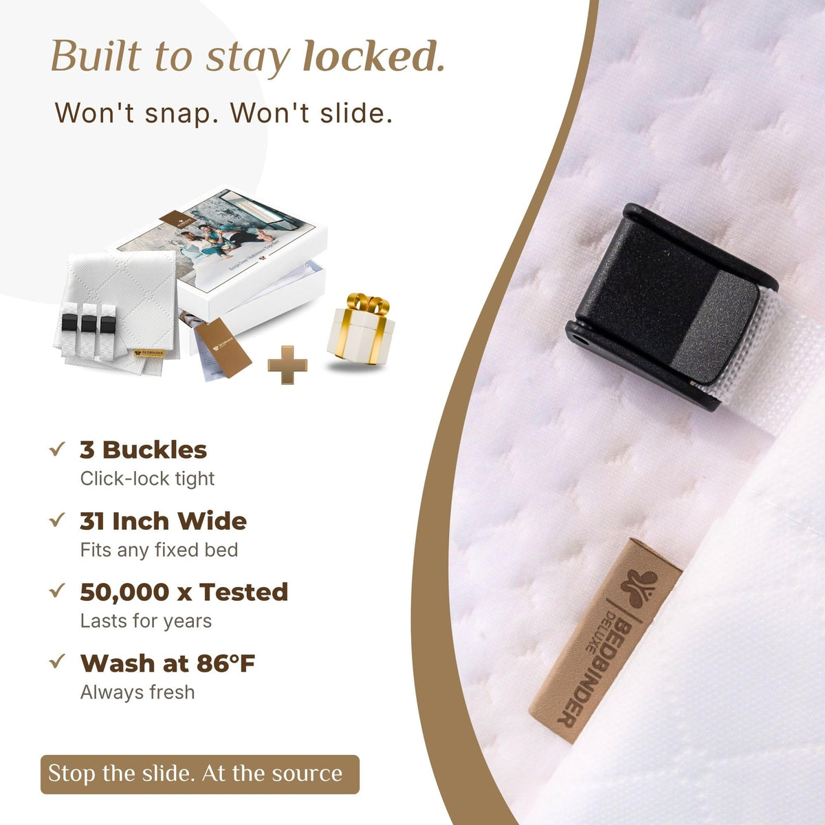 Bedbinder DeLuxe adjustable-bed-compatible design adapts to movement without bulk