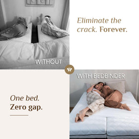 Bedbinder DeLuxe twin XL bridge system keeps mattresses aligned on adjustable bases