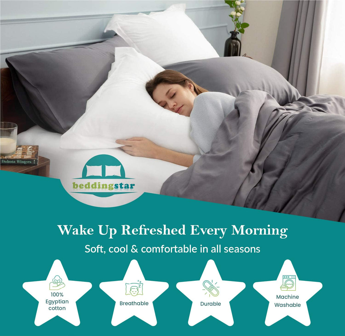 Care guide for Beddingstar euro shams: machine wash cold and tumble dry low.