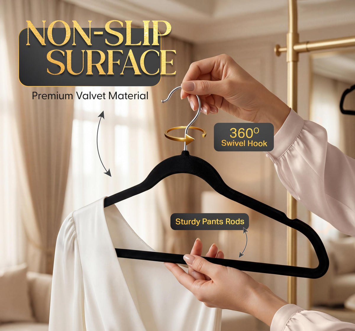 BEDDORA Velvet Hangers 360° swivel hook enables easy access from any angle.