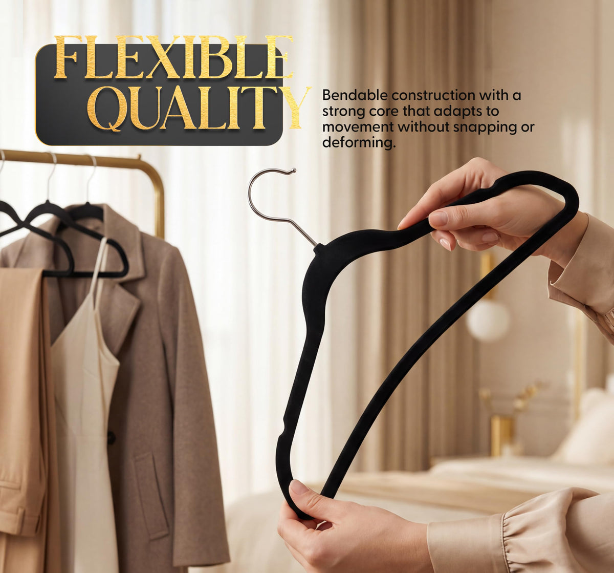 BEDDORA Velvet Hangers closeup highlights plush velvet coating for gentle fabric contact.