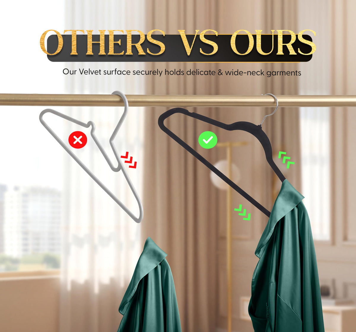 BEDDORA Velvet Hangers heavy-duty metal core supports jackets and coats securely.