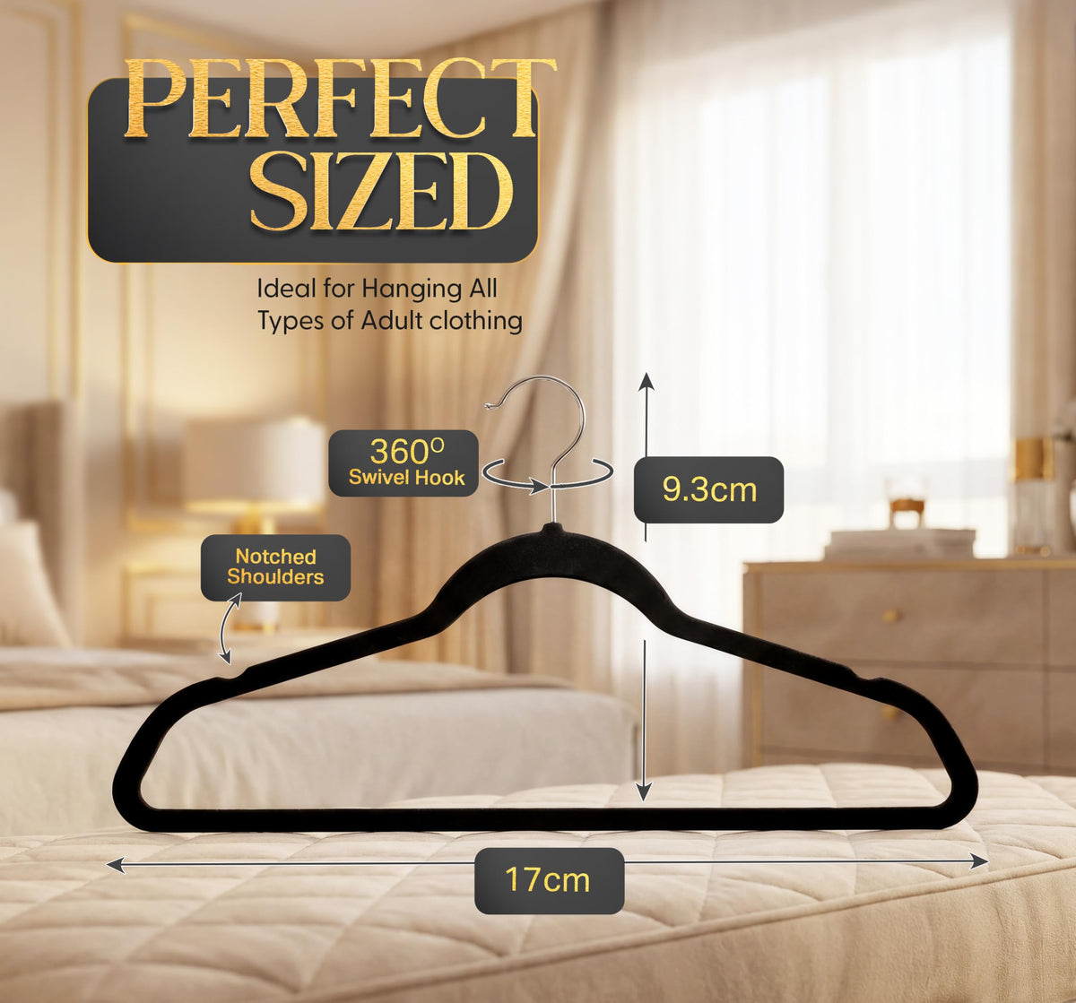 BEDDORA Velvet Hangers non-slip shoulders keep garments from slipping or shifting.