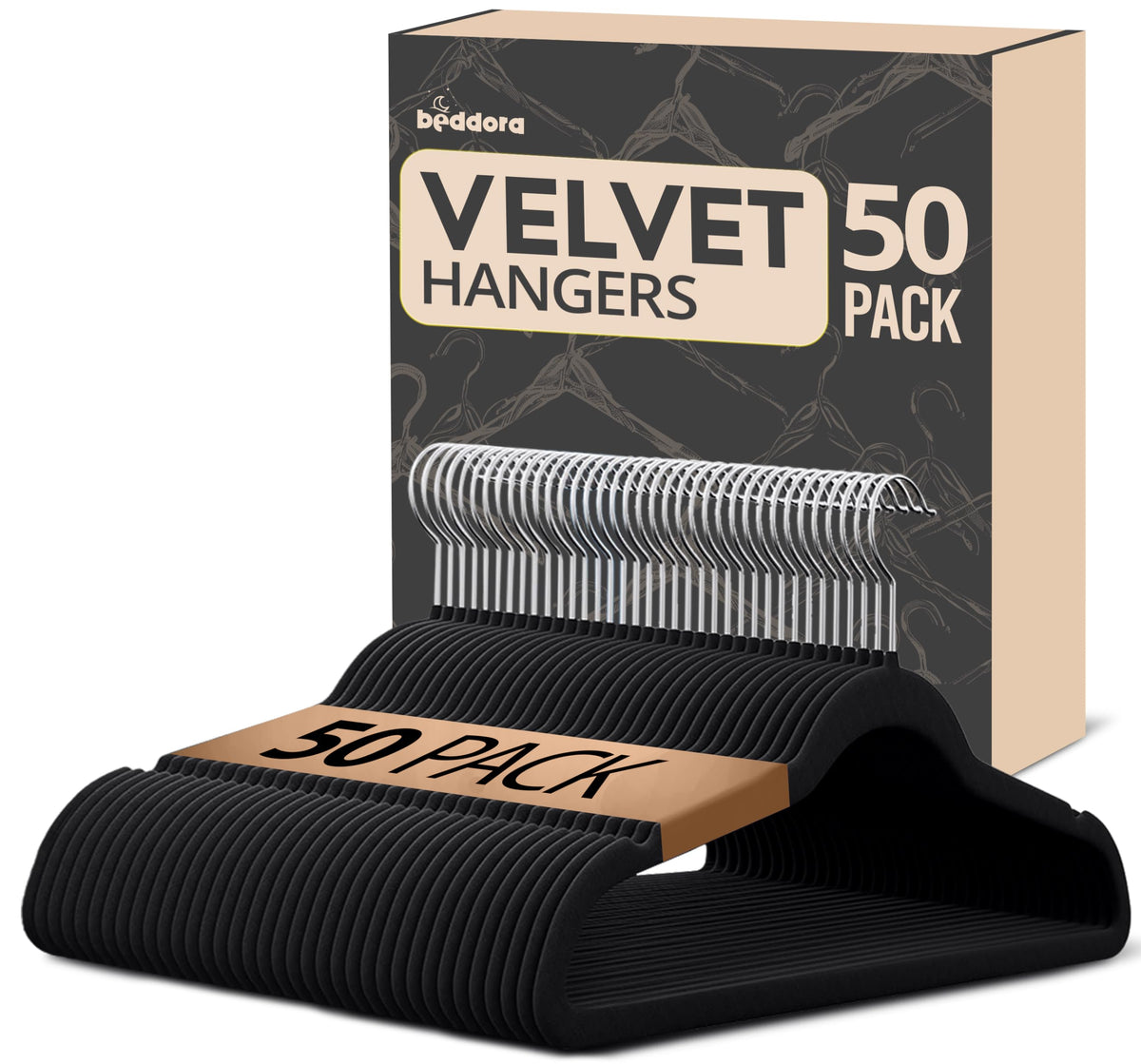 BEDDORA Velvet Hangers set 50-pack with black finish provides secure grip for tops.