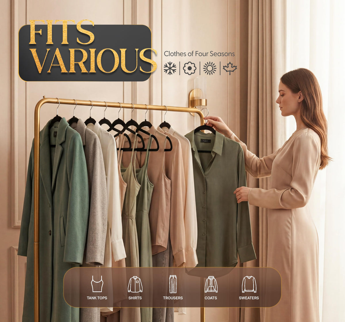 BEDDORA Velvet Hangers organized wardrobe showcase with neat, wrinkle-free tops.