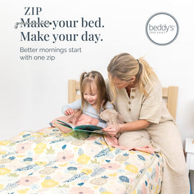 Beddy's Flower Blossoms packaging highlights all-in-one bed set benefits.