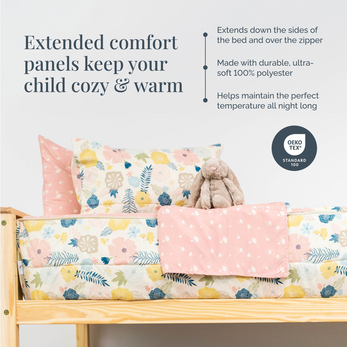 Beddy's Flower Blossoms top sheet with extended panels ready for bedtime.