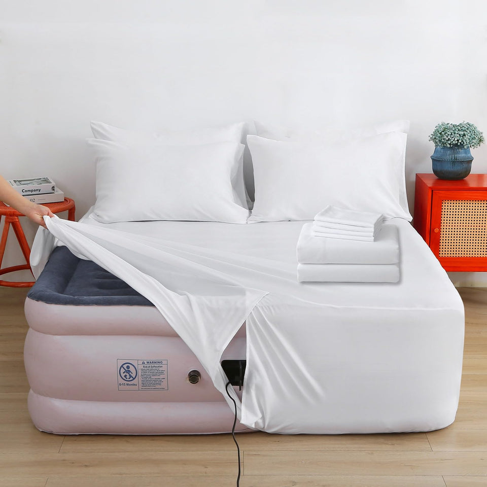 Bedecor air mattress sheet with opening eases inflation for guest-ready beds