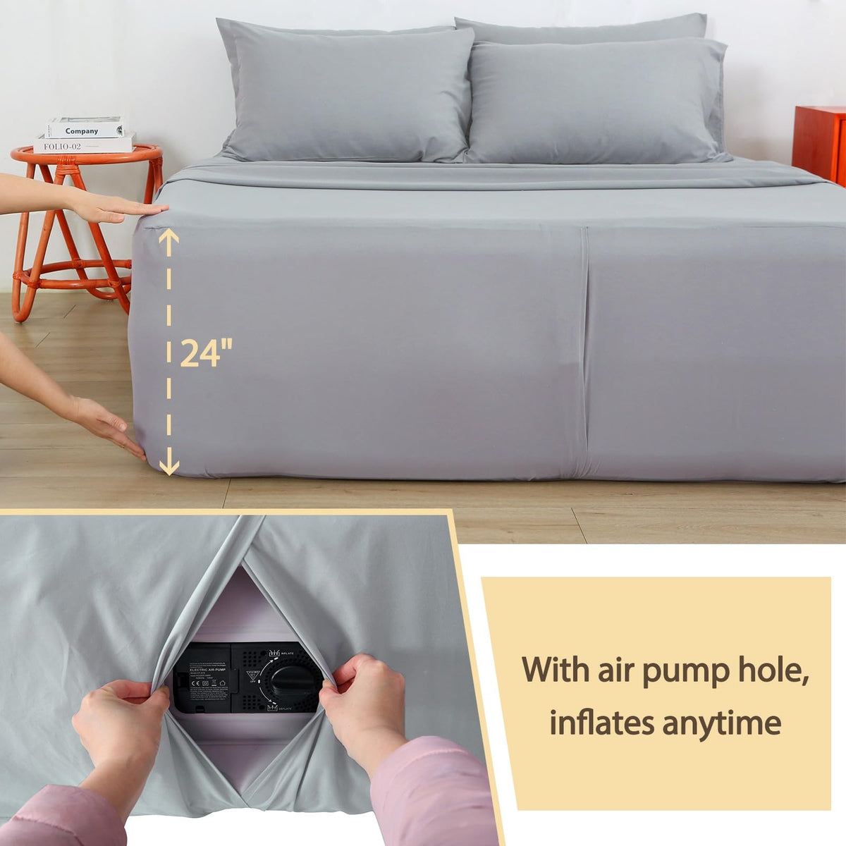 Bedecor air mattress sheet set queen deep-pocket closeup shows secure fit