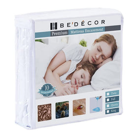 Bedecor zipper mattress protector on twin bed, top view, protects against spills