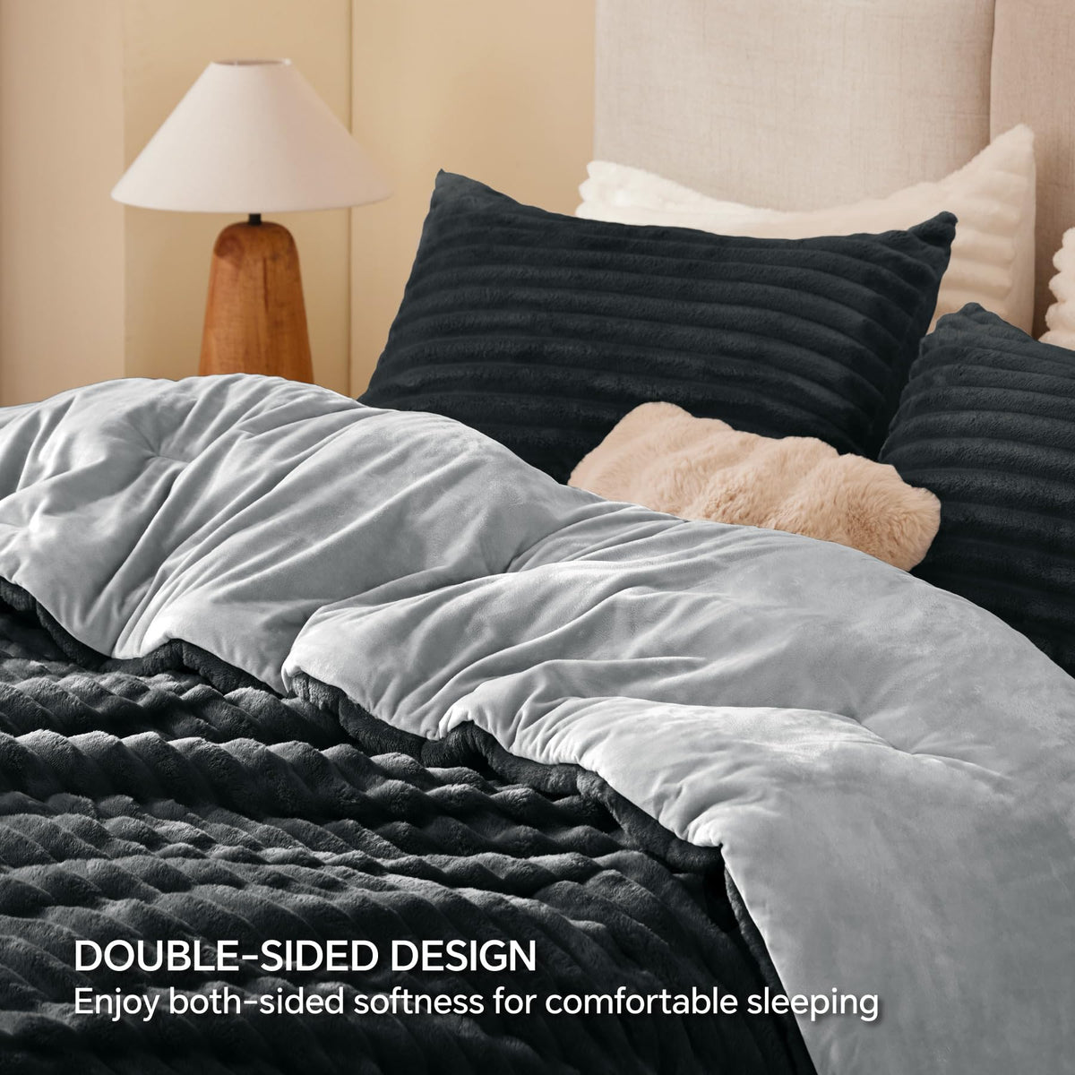 BEDELITE black plush texture adds elegant style to any bedroom.