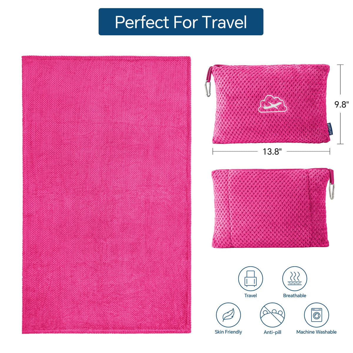 BEDELITE travel blanket clipped to a backpack for easy access.