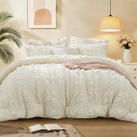 Bedelite Cream Queen Comforter seersucker front view highlights stylish texture and all-season warmth