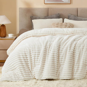 BEDELITE fleece king comforter set in cream white, front view shows plush warmth for cold nights