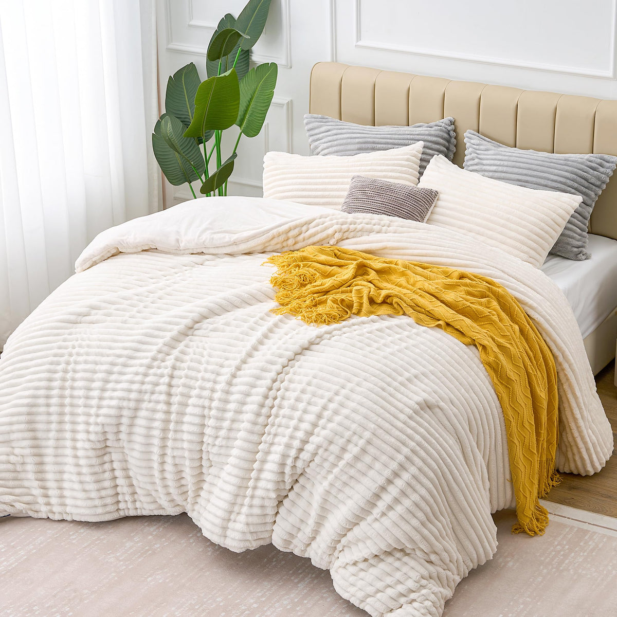 BEDELITE cream white stitching detail, showing stylish stripe pattern and plush construction