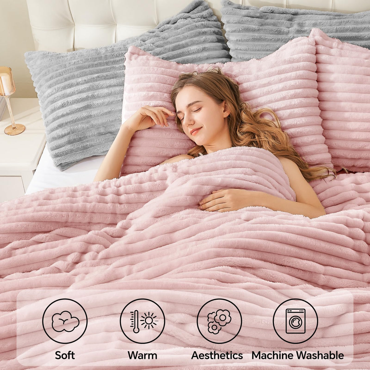 BEDELITE fleece queen comforter 3D stripe detail, stylish focal point for bedrooms
