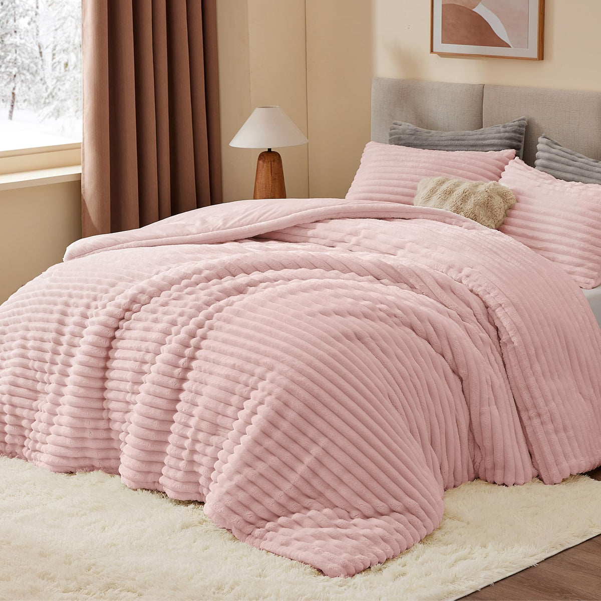 BEDELITE fleece queen comforter pink back view, cozy flannel texture for snug evenings
