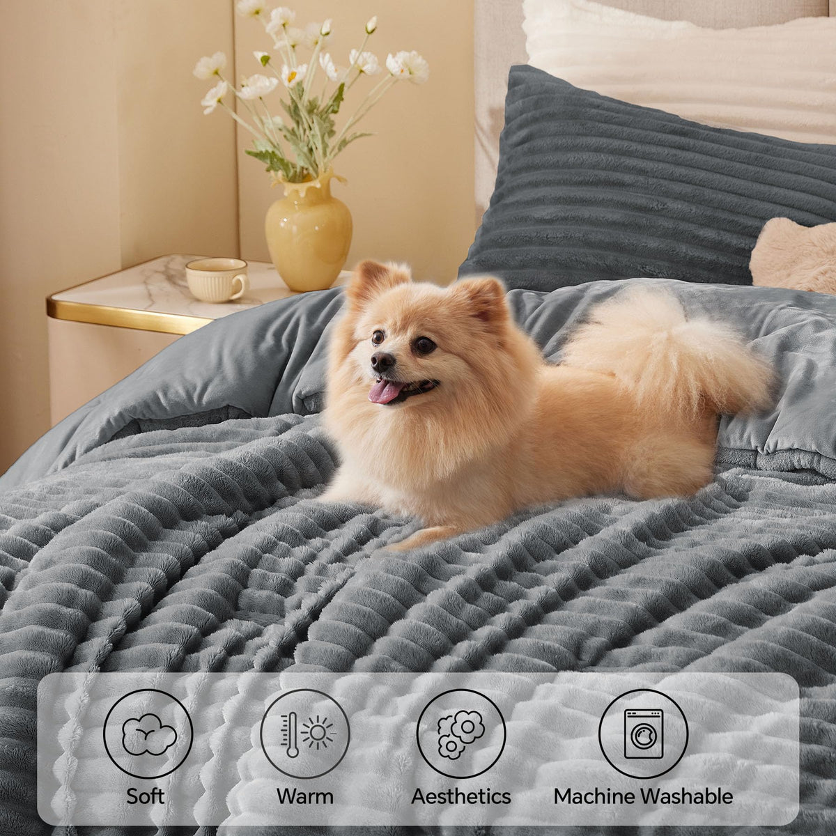 BEDELITE fleece queen comforter stripe pattern adds stylish cozy bedroom ambiance.