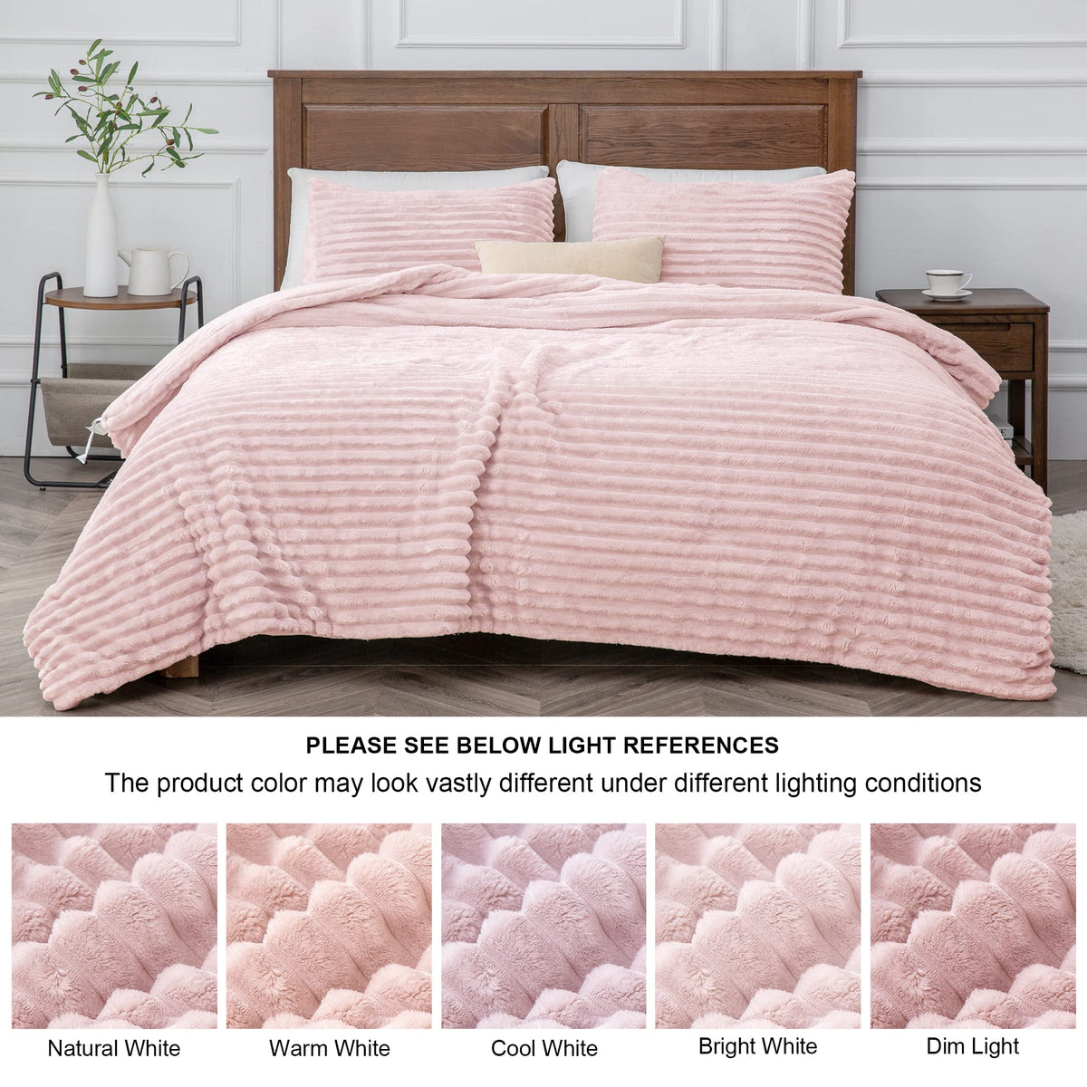 BEDELITE fleece queen comforter two pillowcases layout, matching set included