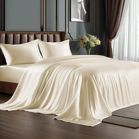 BEDELITE king size beige satin sheets close-up texture, ultra-smooth for gentle hair and skin
