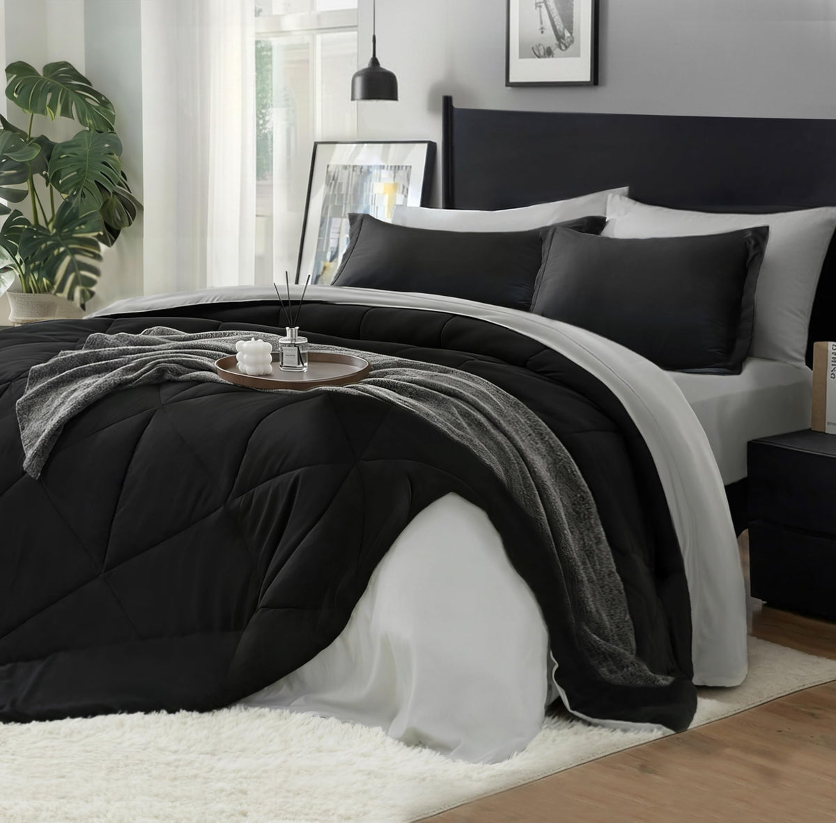 BEDELITE queen reversible black comforter enhances all-season styling.