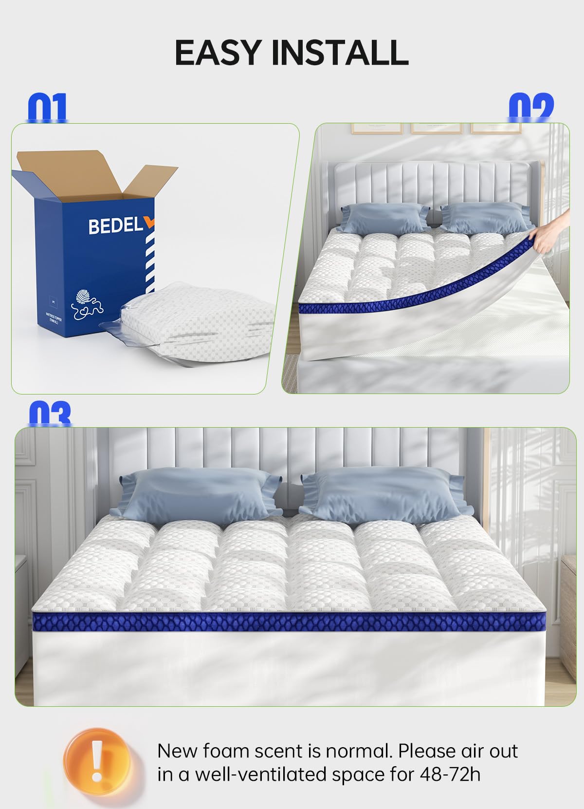 Elastic deep pockets on BEDELITE topper stretch to fit up to 24 inches.