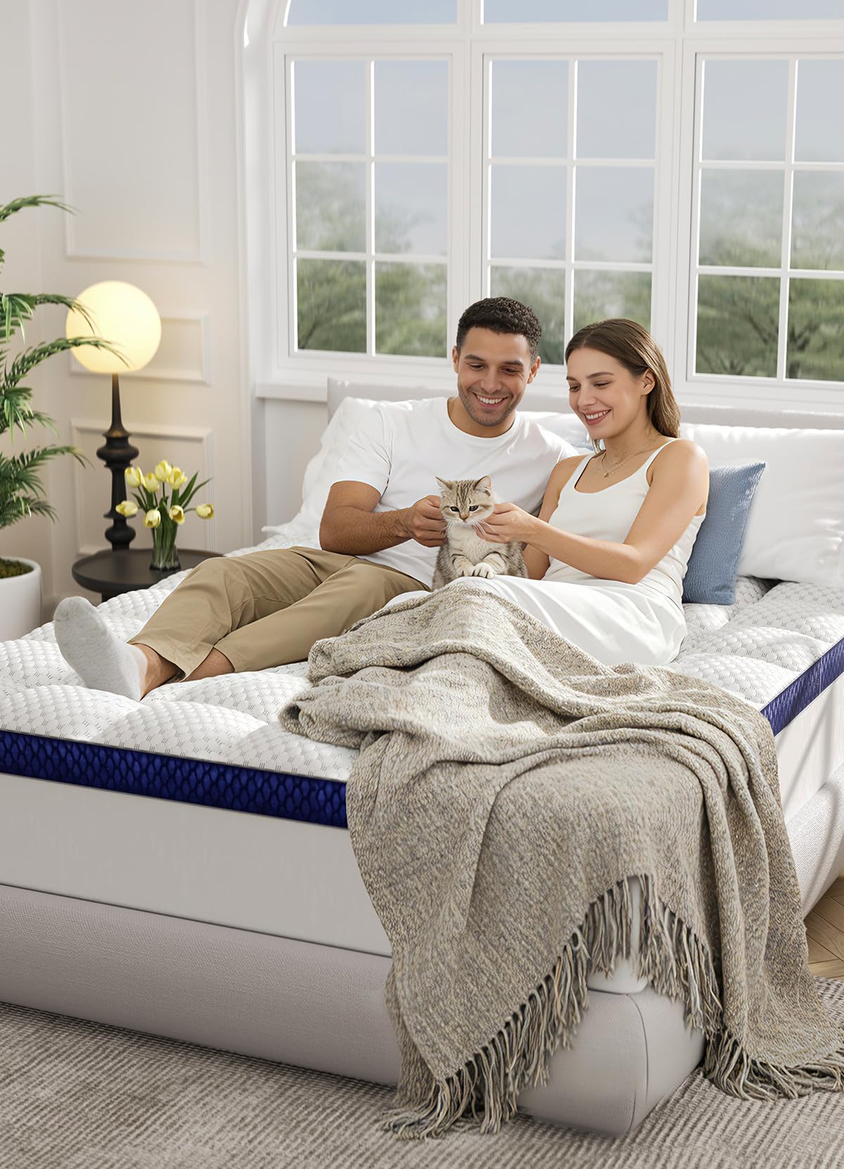 BEDELITE topper shown on a queen bed in a cozy bedroom setup.