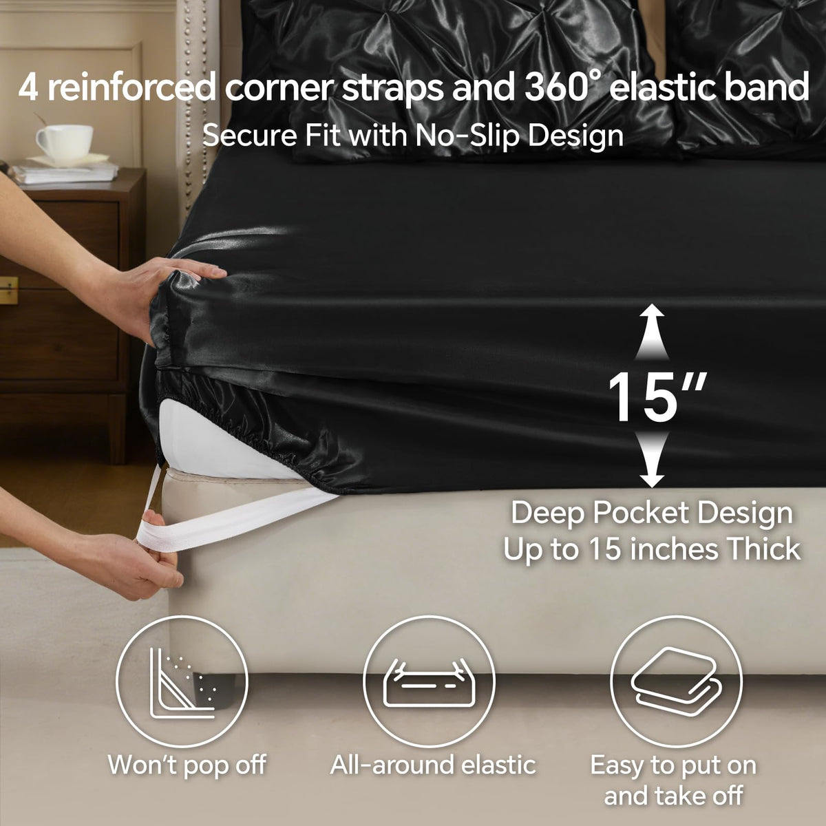 BEDELITE satin comforter queen on bed demonstrates all-season styling.
