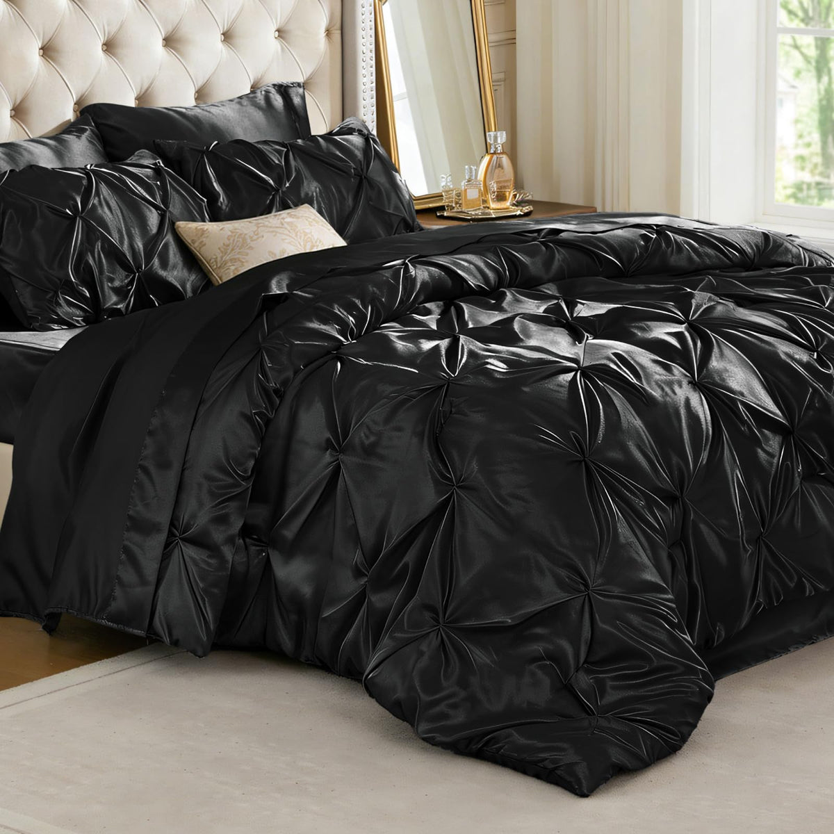 BEDELITE satin comforter queen front view shows pintuck design for chic styling.