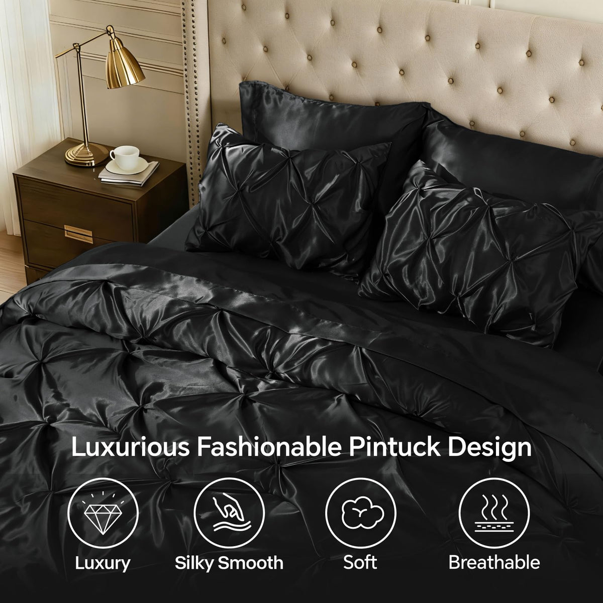 BEDELITE satin comforter queen microfiber top surface feels smooth against skin.