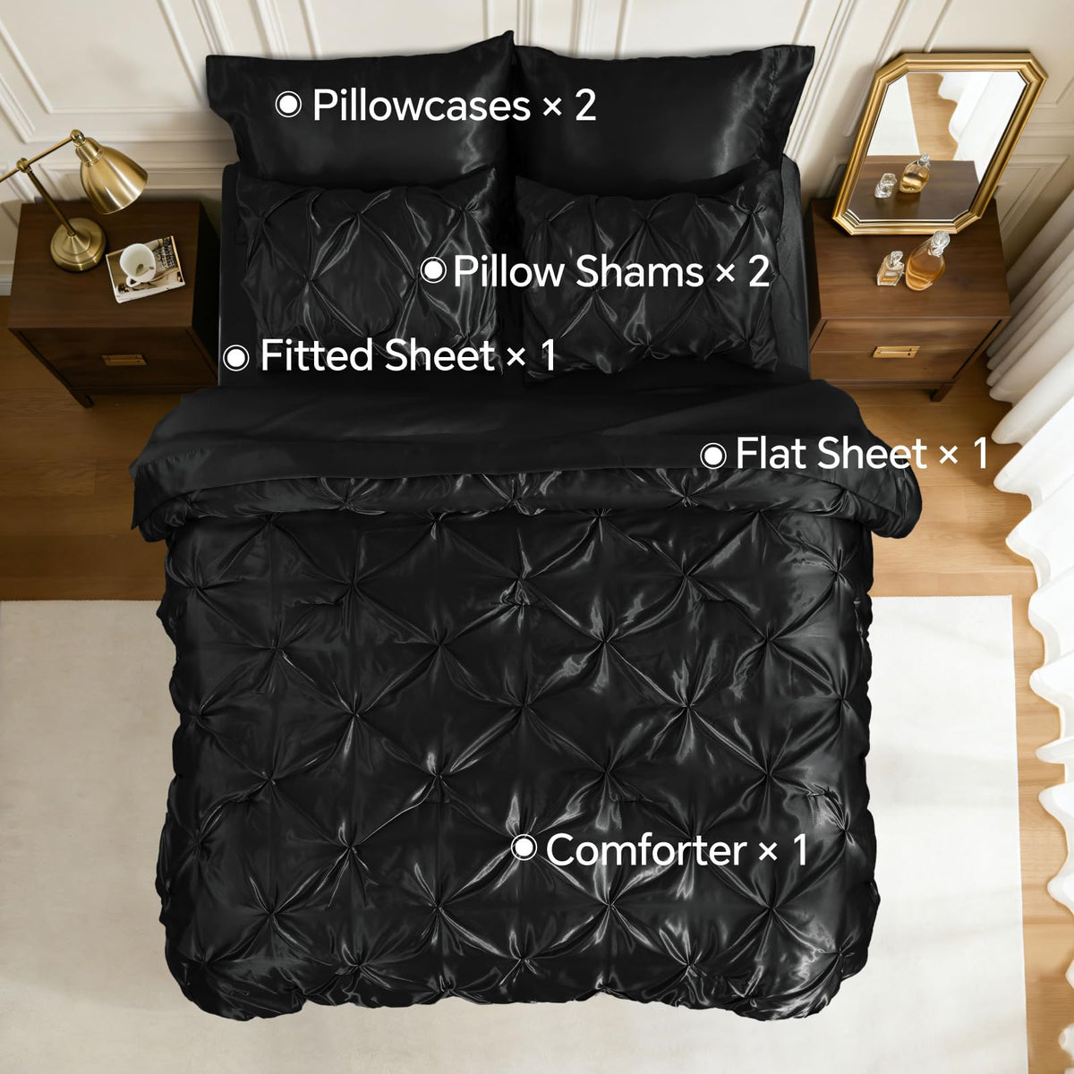 BEDELITE satin comforter queen pillowcases and shams complete the set.