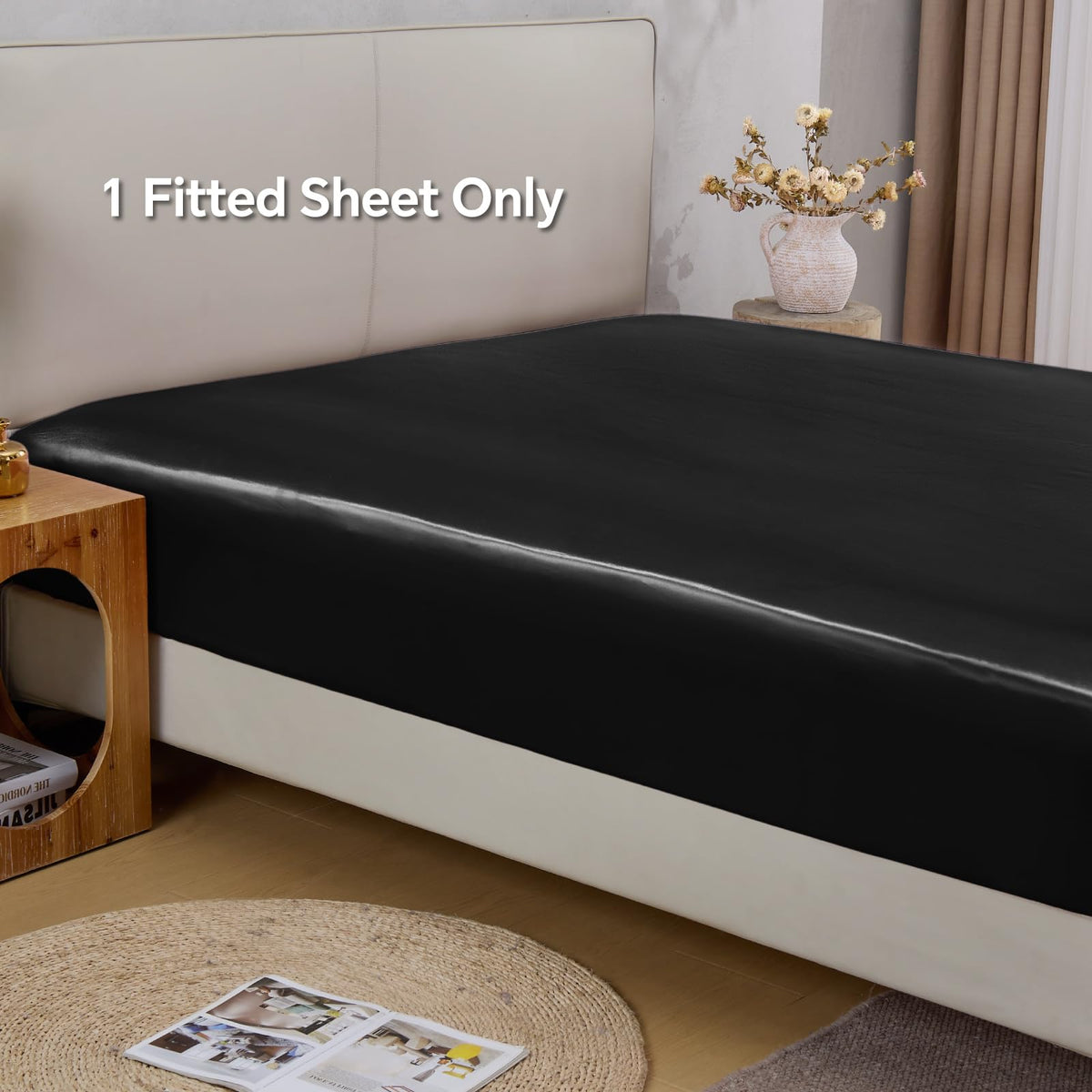 BEDELITE satin sheet king color black displayed on bed for bold look