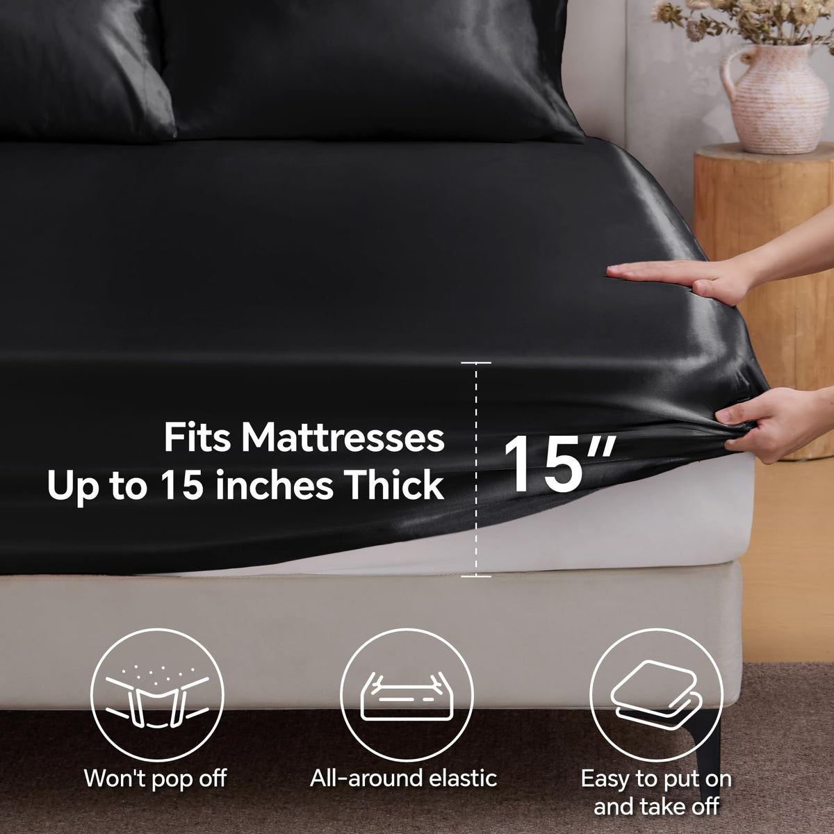 BEDELITE satin-fitted sheet king folded on bed demonstrates effortless setup