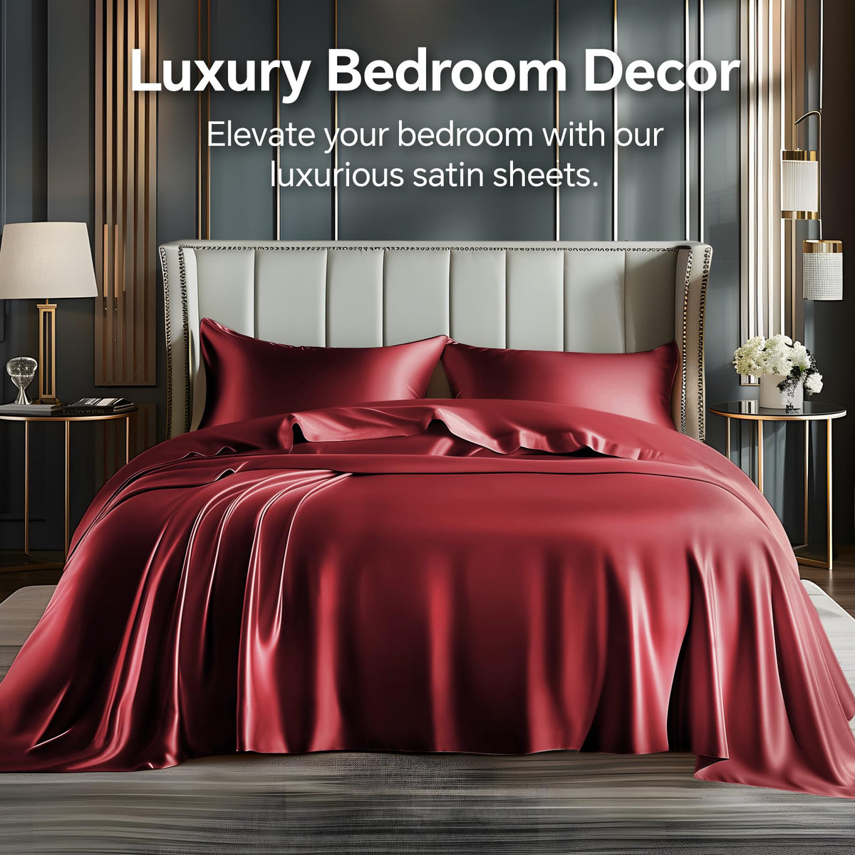 BEDELITE burgundy satin flat sheet on bed demonstrates hotel-like drape and comfort.